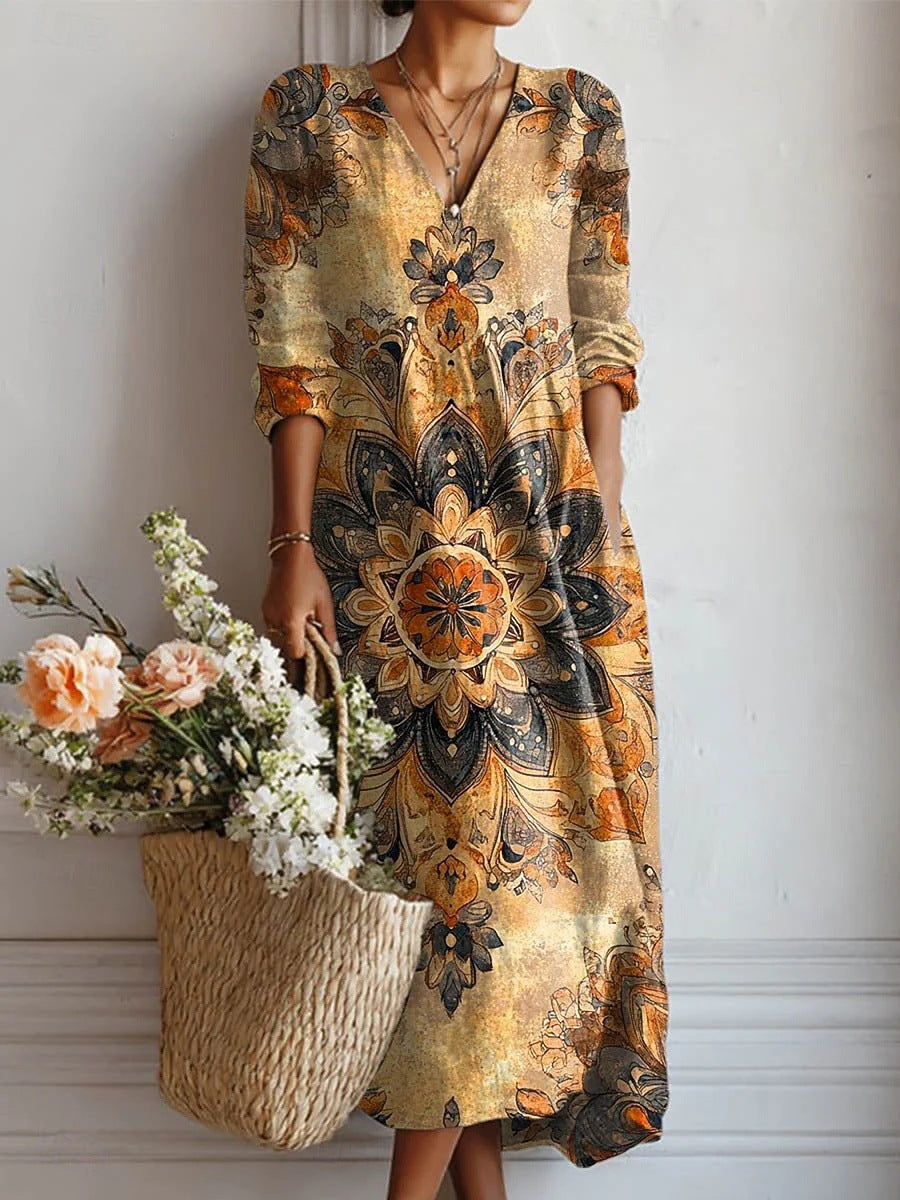 Women's Boho Floral V-Neck Pocket Midi Dress - Effortless Style