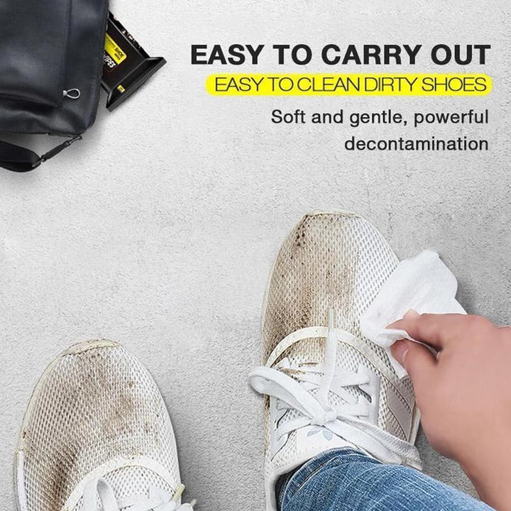 Opened pack of instant shoe shine wet wipes, showing the moist cleaning cloths for shoe care and travel