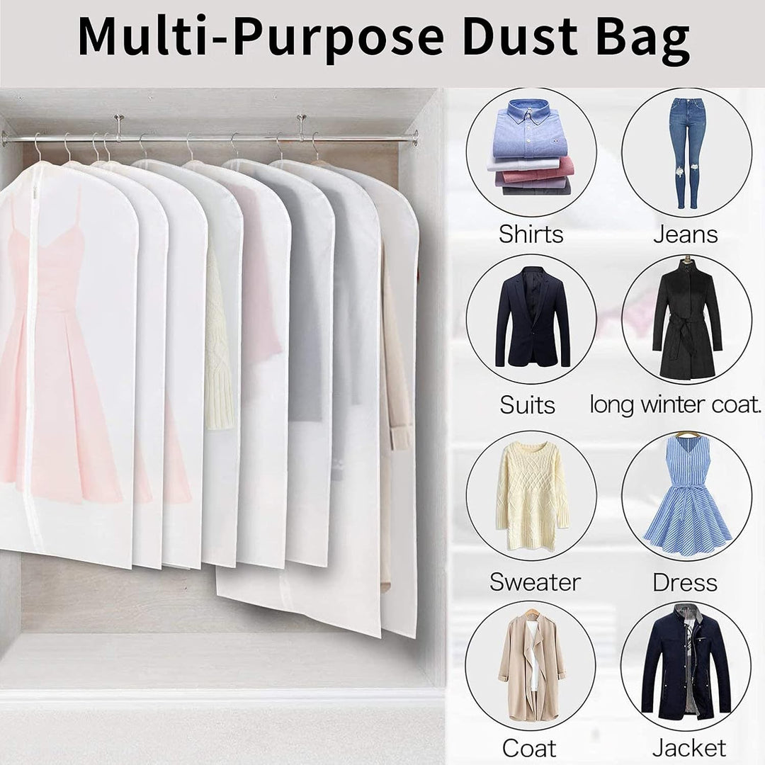 Dustproof & moisture-proof 12-pack clear PEVA garment bags for safe clothes storage.