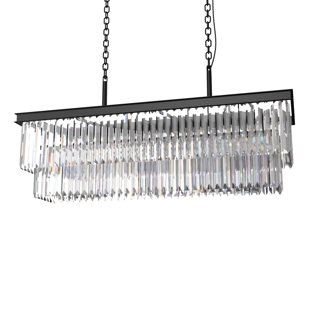"16-light 2-tier K9 crystal chandelier with modern iron frame, optical crystals, sleek design, ideal for dining room elegance