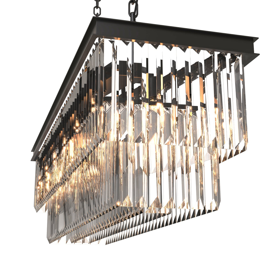 "16-light 2-tier K9 crystal chandelier with modern iron frame, optical crystals, sleek design, ideal for dining room elegance
