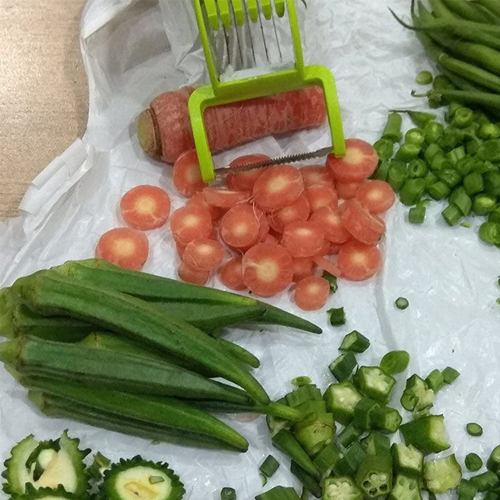 2-in-1 compact vegetable cutter and peeler tool in a kitchen setting