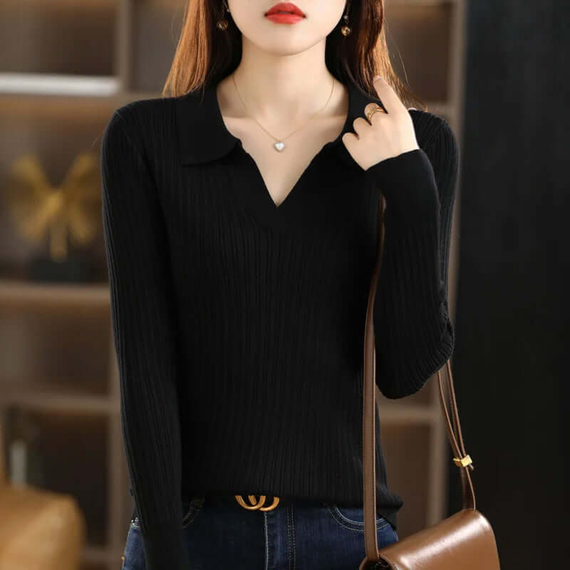 Women's Ribbed V-Neck Polo Shirt