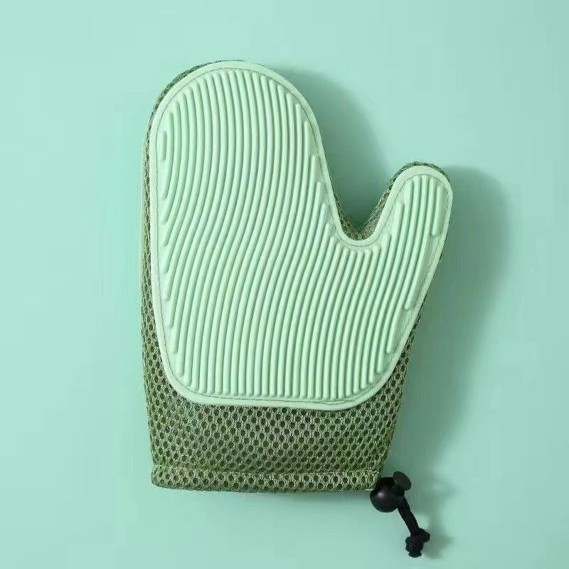 "2in1 cat grooming glove with soft nubs, blue, offers gentle pet care, massage effect, and easy hair removal for cats."