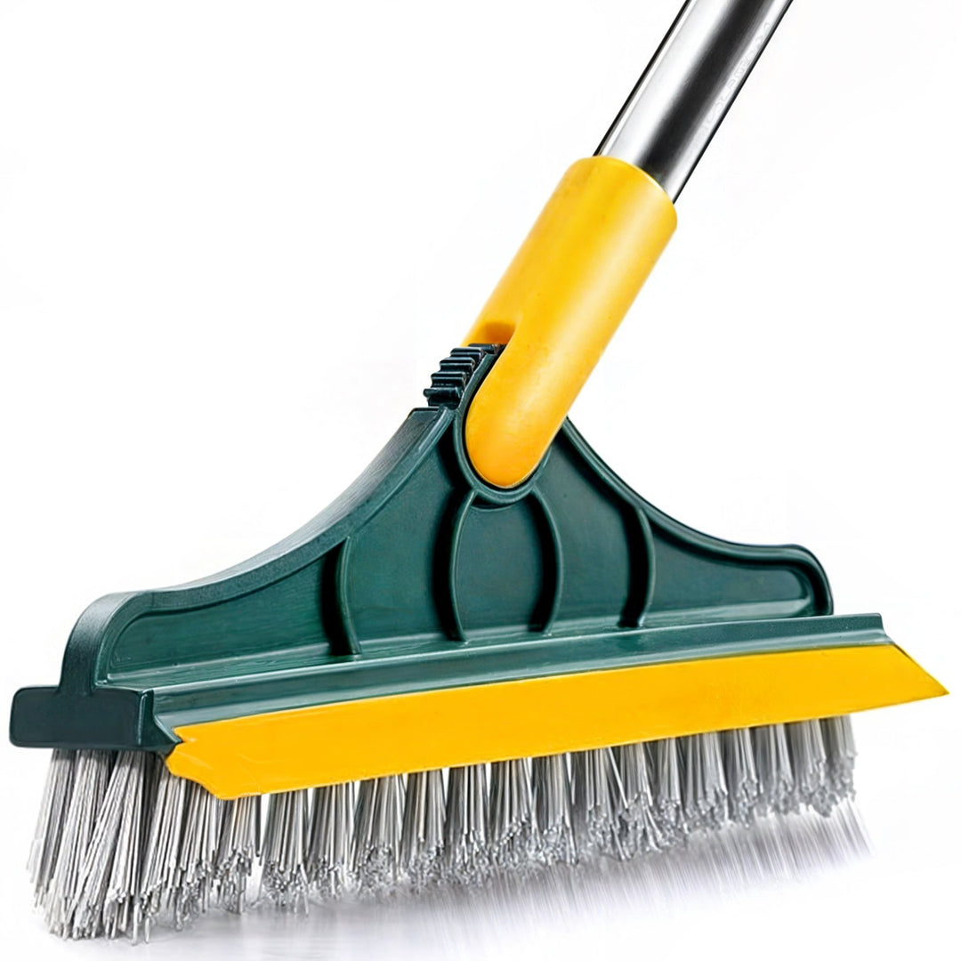 2-in-1 floor scrub brush with V-shaped bristles, rotating head, and rubber scraper for versatile cleaning of corners and surf