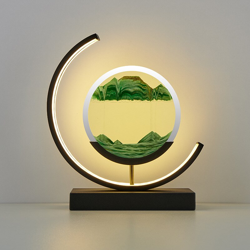 "3D Sand Shell Table Lamp emitting soothing green LED light; modern art-inspired design with dynamic sand patterns."