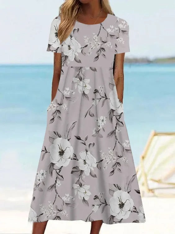 Women's Elegant Botanical Midi Dress - Crew Neck Half Sleeve