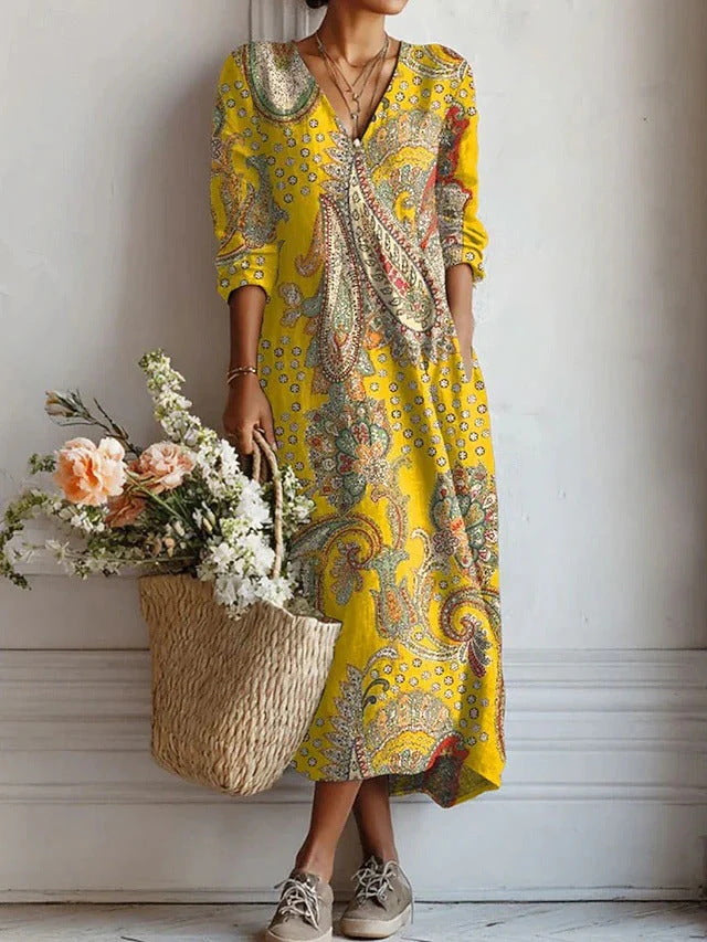 Women's Boho Floral V-Neck Pocket Midi Dress - Effortless Style
