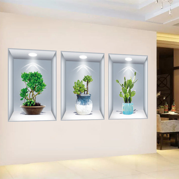 Living room featuring a 3D floral vase wall decal, stylish home decoration focal point
