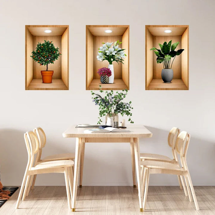 High-quality 3D floral vase wall decal, durable PVC sticker for home decoration