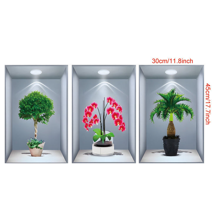 Horizontal 3D floral vase wall decal, contemporary home decoration, wide accent