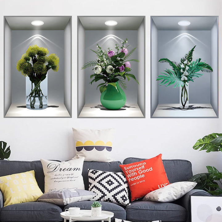 White 3D floral vase wall decal on a neutral wall, minimalist home decor aesthetic