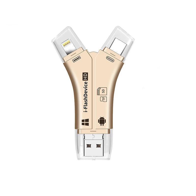 Portable card reader with USB C, Lightning, Micro USB, and USB ports, perfect for travel & mobile use.