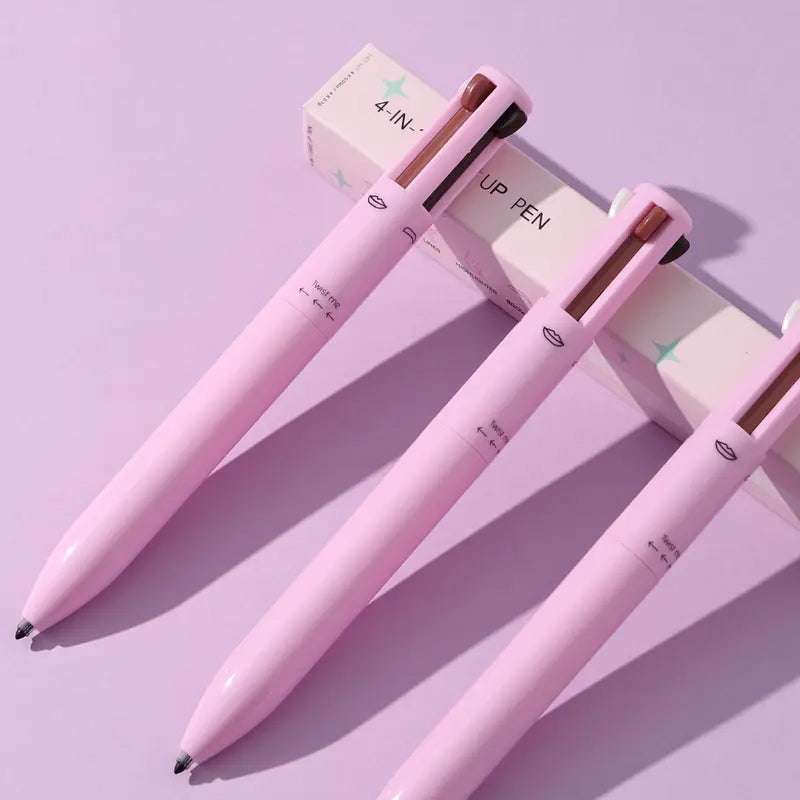 Multipurpose 4-in-1 makeup pen, a vegan cosmetic solution for eyeliner, lipliner, brow shaping, and highlighting.