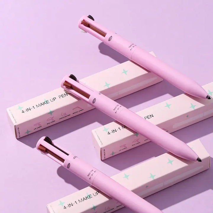 Travel-friendly 4-in-1 makeup pen: smudge-proof eyeliner, creamy lipliner, precise brow pencil, radiant highlighter.