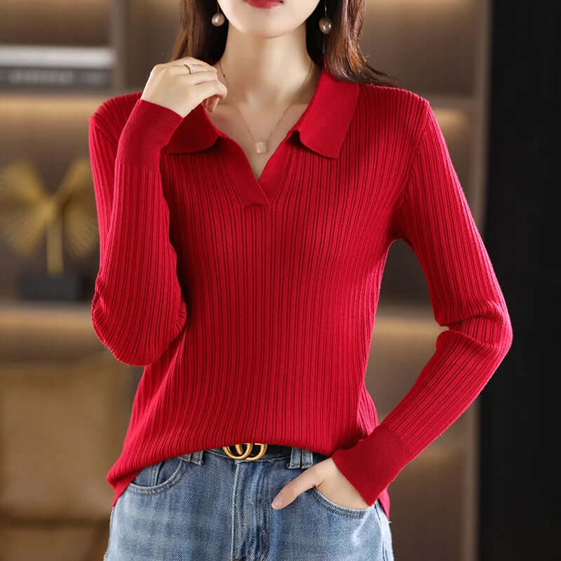Women's Ribbed V-Neck Polo Shirt
