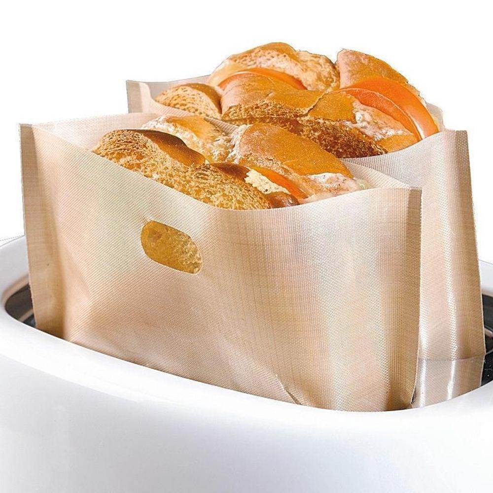 Assorted snacks like pizza & fries being heated in reusable non-stick toaster bags