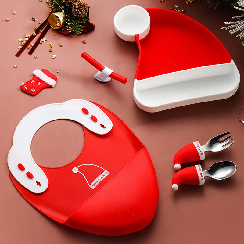 Silicone suction toddler plate and matching utensils, part of a 5-piece BPA-free feeding set for babies