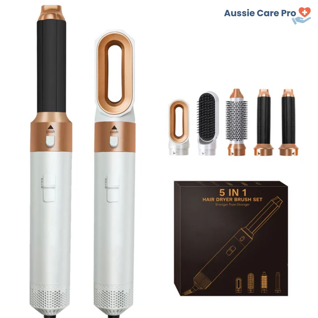 5-in-1 hair styler for women, sleek design, silver and purple, curls, straightens, dries, volumises for salon-quality styles.