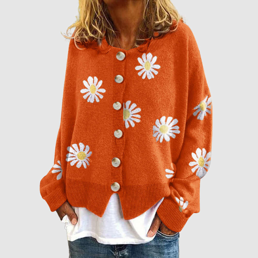 Women's Knitted Cardigan with Daisy Pattern