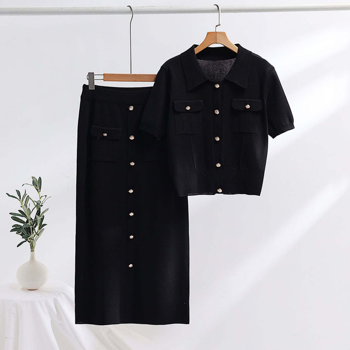 Women's Knitted Golden Button Sweater and Skirt Set