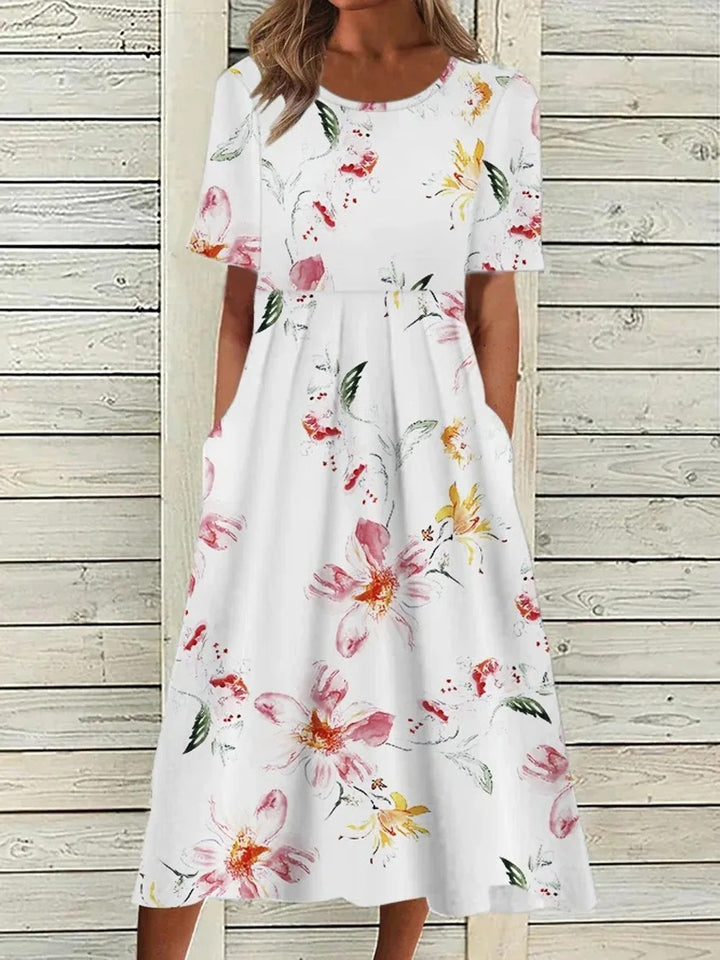 Women's Elegant Botanical Midi Dress - Crew Neck Half Sleeve