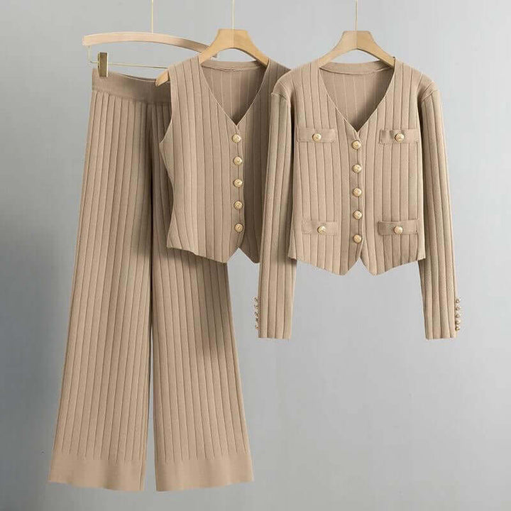Women's Knitted Lounge Set with Cardigan, Vest & Wide-Leg Trousers