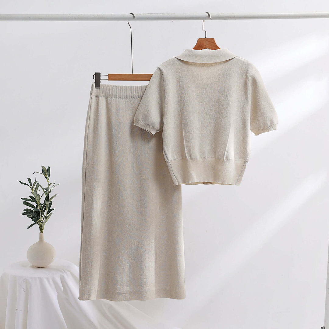 Women's Knitted Golden Button Sweater and Skirt Set