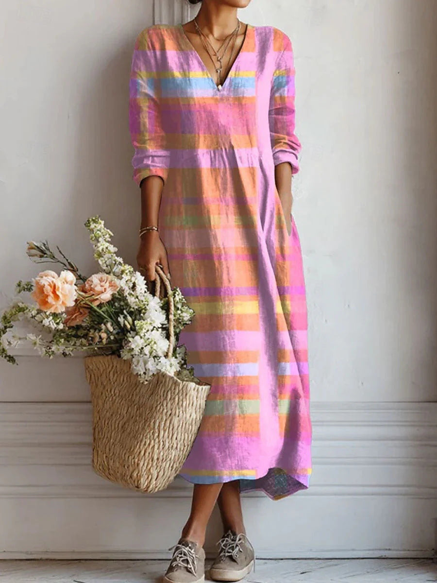 Women's Boho Floral V-Neck Pocket Midi Dress - Effortless Style