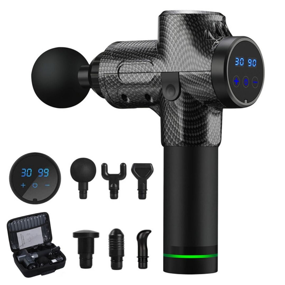 "Advanced deep tissue massage gun for muscle recovery with sleek design and multiple attachments, ideal for athletes."