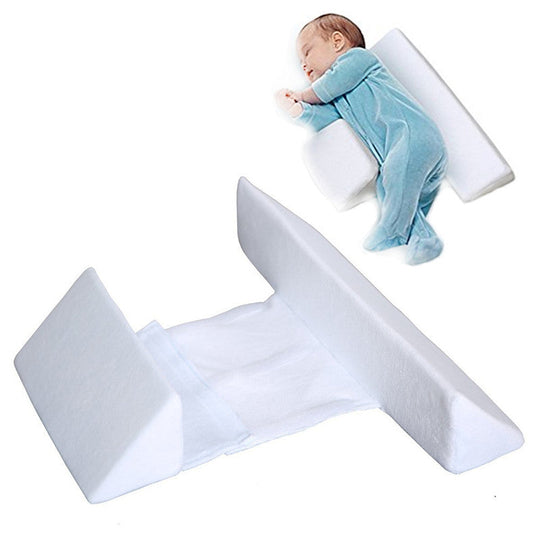 Anti-Roll Adjustable Memory Foam Baby Pillow in Pink, side-sleeper support, gentle and breathable design for newborns.