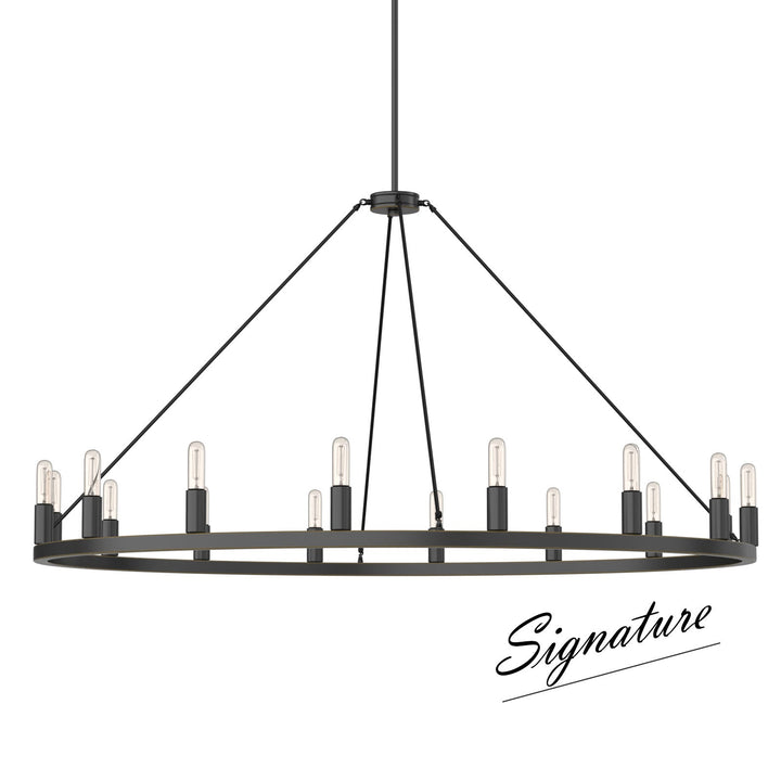 Antique bronze wagon wheel chandelier with 16 candle-style lights, rustic charm, industrial elegance in a classic design.
