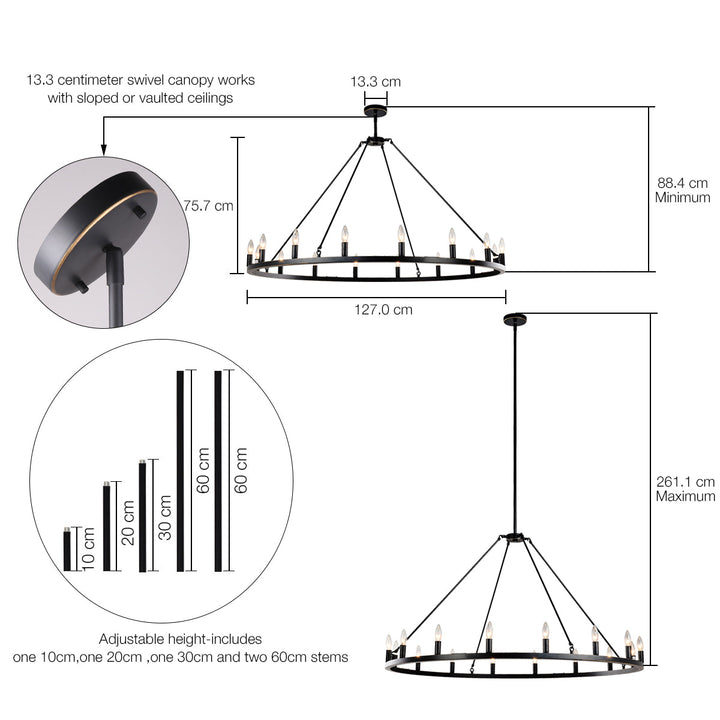 Antique bronze wagon wheel chandelier with 16 candle-style lights, rustic charm, industrial elegance in a classic design.