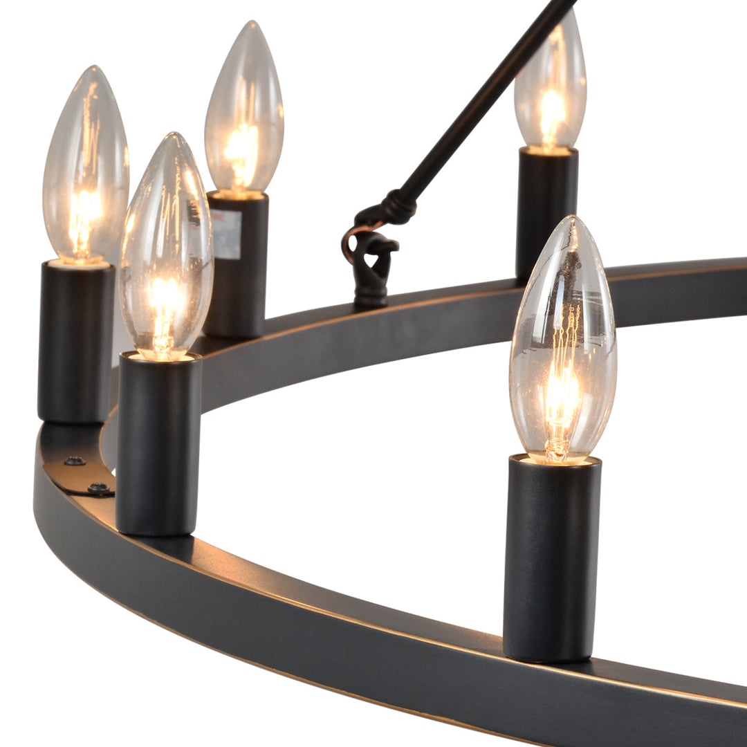 Antique bronze wagon wheel chandelier with 16 candle-style lights, rustic charm, industrial elegance in a classic design.