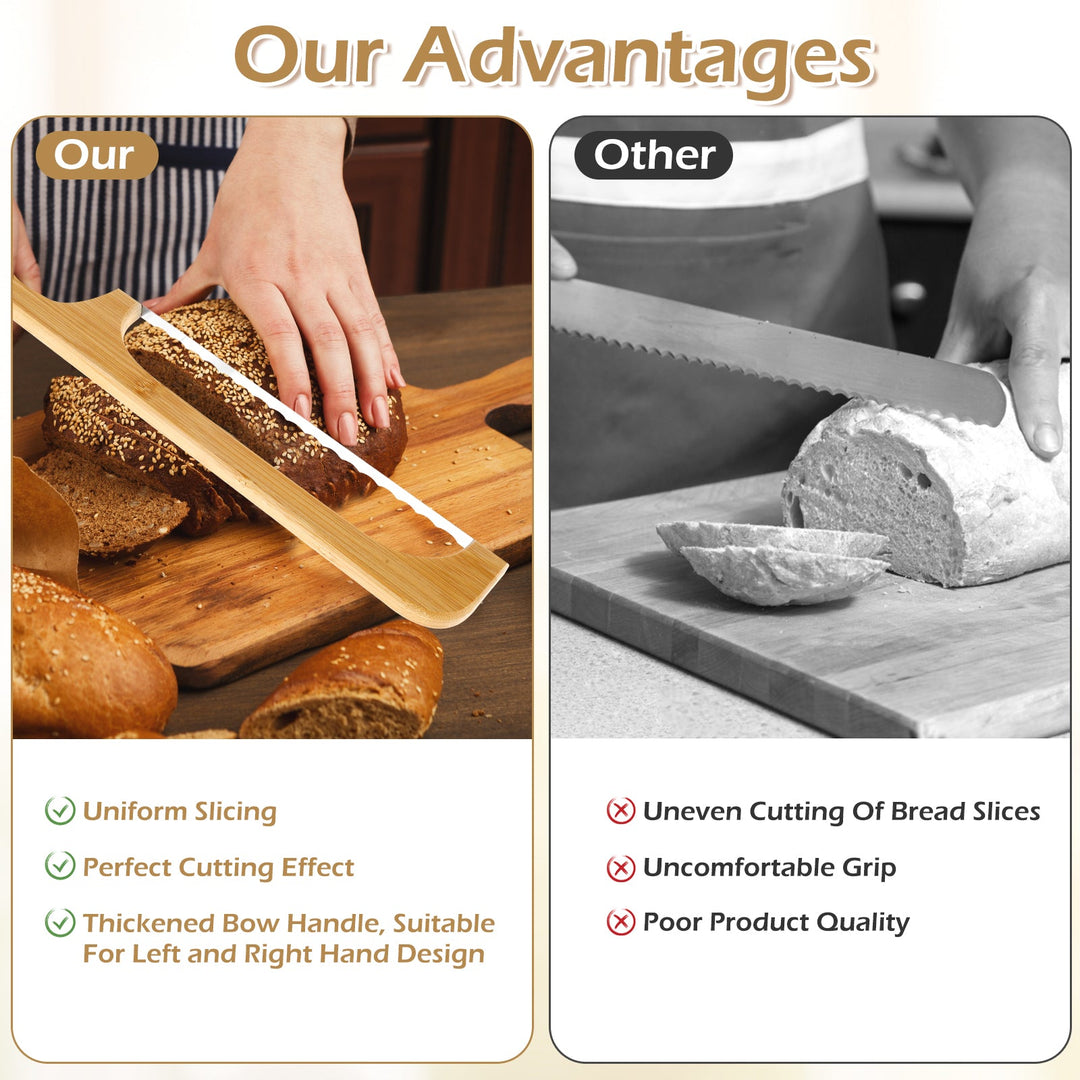 "Bamboo-handled stainless steel bread bow cutter, elegant design, perfect for slicing fresh bread with precision and style."