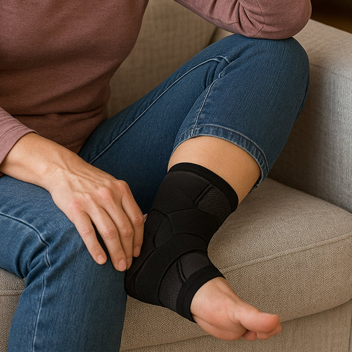 "Black and green unisex compression ankle sleeve, showcasing snug fit for pain relief and enhanced ankle support."
