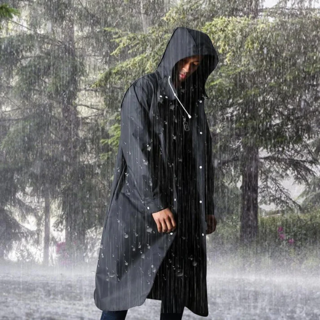 Black long waterproof men's rain jacket with hood, stylish and functional, for versatile wear in any weather.