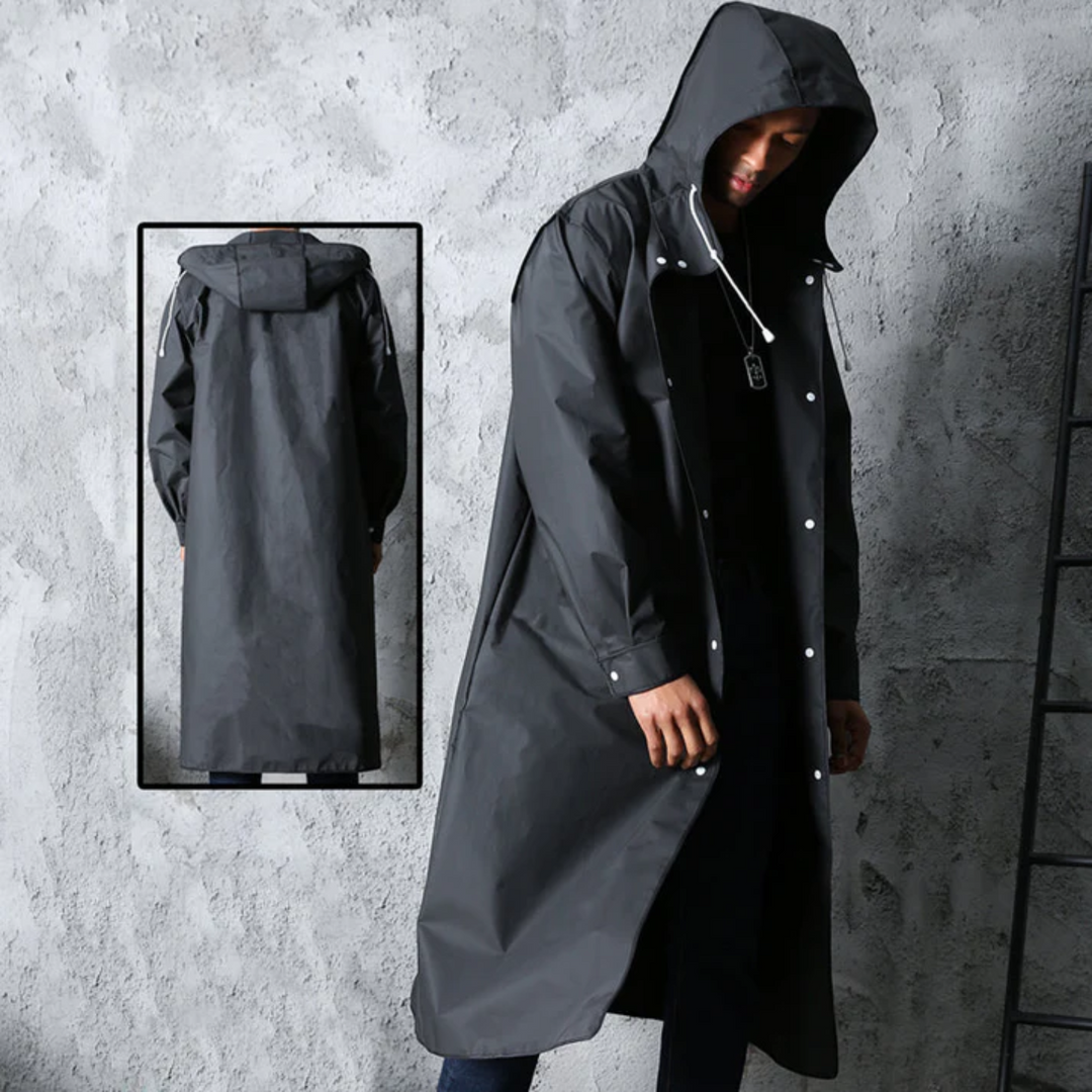 Black long waterproof men's rain jacket with hood, stylish and functional, for versatile wear in any weather.