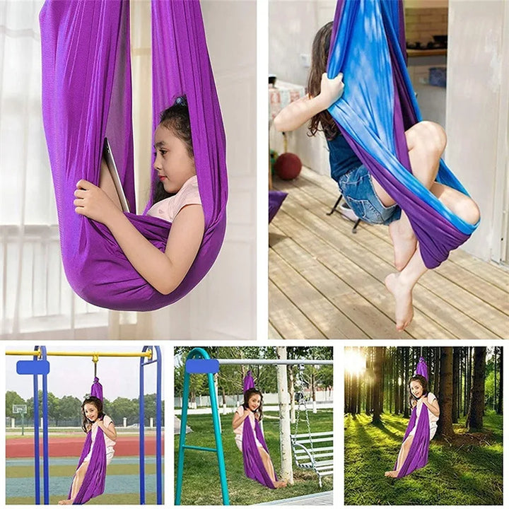 "Calming therapy hammock for children in soothing colors, enhances relaxation, emotional calmness, and motor skills."
