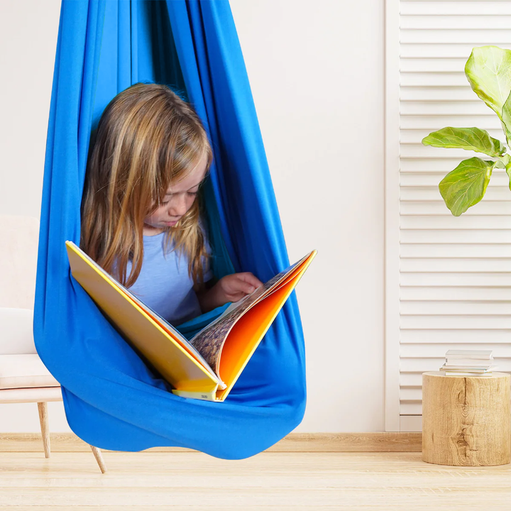 "Calming therapy hammock for children in soothing colors, enhances relaxation, emotional calmness, and motor skills."