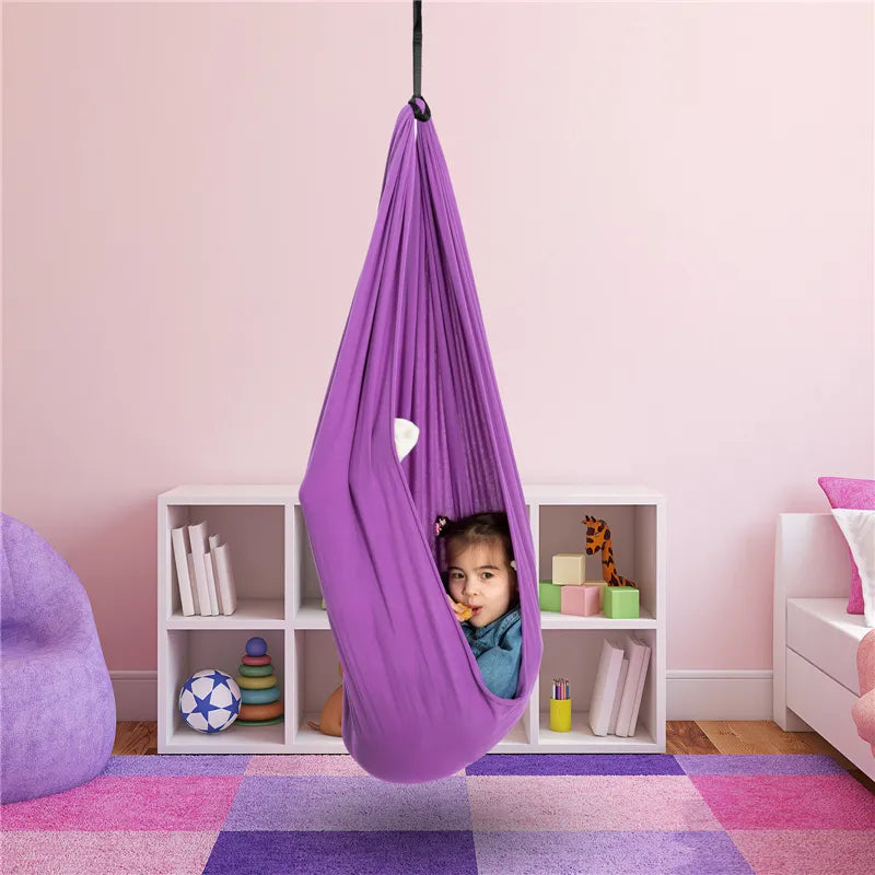 "Calming therapy hammock for children in soothing colors, enhances relaxation, emotional calmness, and motor skills."