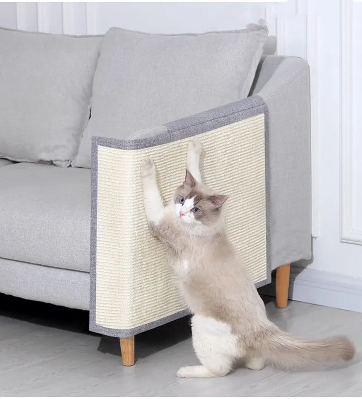 "Cat scratch protector mat for sofa armrest with sisal, discreet design, prevents furniture damage, enhances home decor."