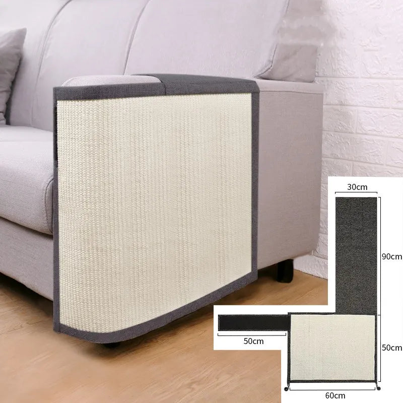 "Cat scratch protector mat for sofa armrest with sisal, discreet design, prevents furniture damage, enhances home decor."