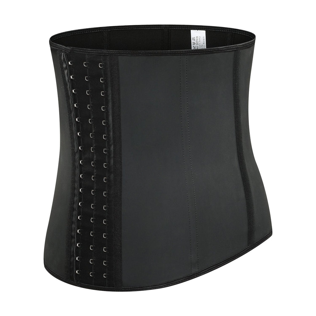 "Classic black women's latex waist trainer, firm control, front view, trims waistline for a flattering silhouette."