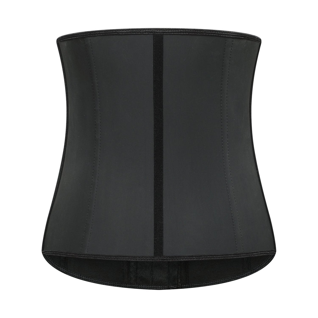 "Classic black women's latex waist trainer, firm control, front view, trims waistline for a flattering silhouette."
