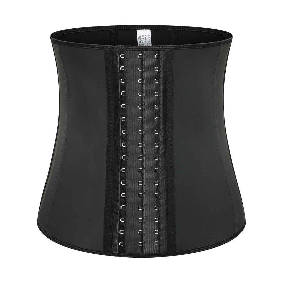 "Classic black women's latex waist trainer, firm control, front view, trims waistline for a flattering silhouette."