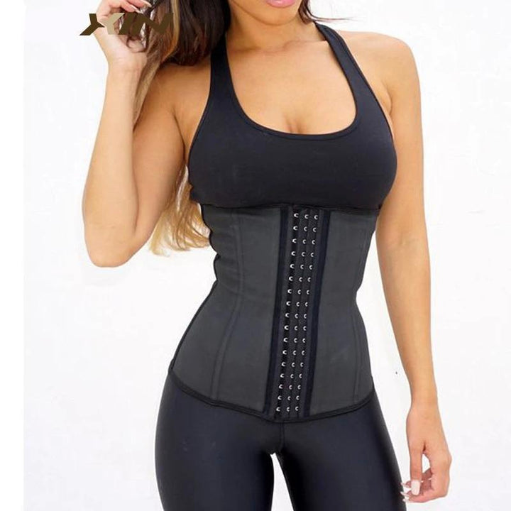 "Classic black women's latex waist trainer, firm control, front view, trims waistline for a flattering silhouette."