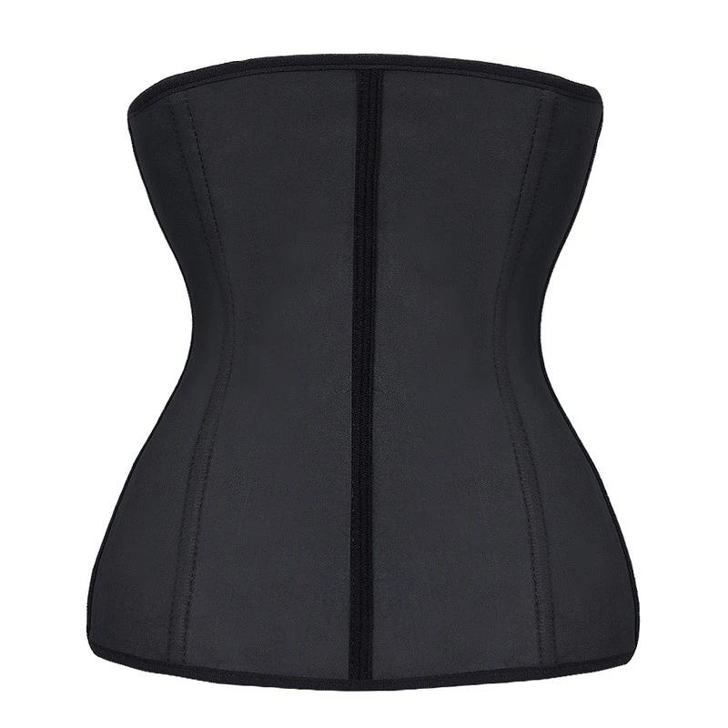 "Classic black women's latex waist trainer, firm control, front view, trims waistline for a flattering silhouette."