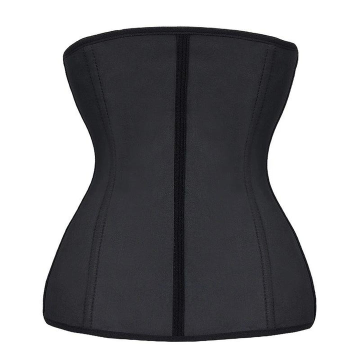 "Classic black women's latex waist trainer, firm control, front view, trims waistline for a flattering silhouette."