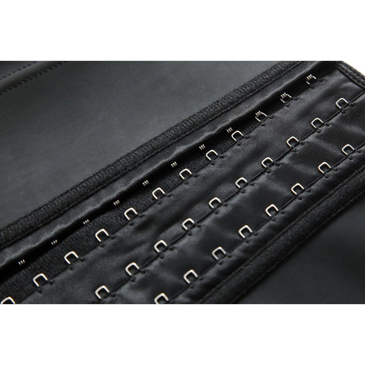 "Classic black women's latex waist trainer, firm control, front view, trims waistline for a flattering silhouette."